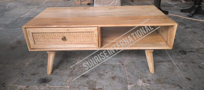 Wooden rattan cane coffee center table with bottom shelf & 1 storage drawer !