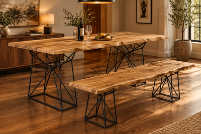 Dining table with live edge acacia wood top and metal legs