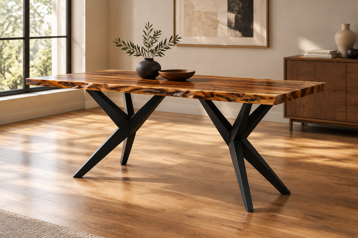 Acacia wood live edge slab dining table with Metal legs