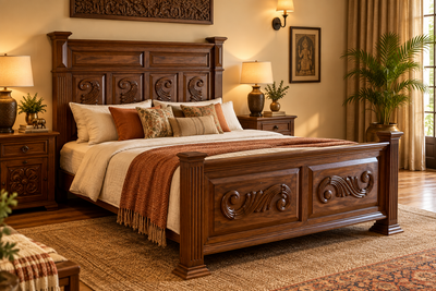 wooden queen size bed with hand carving