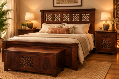 Casting Jali Wooden King Size Double Bed  with 2 Matching Bed side cabinet !