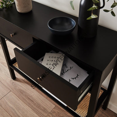 Mango wood coffee table with open storage drawer and lower shelf