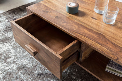 Mango wood coffee table with open storage drawer and lower shelf