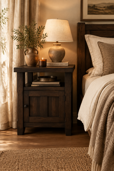 wooden bedside table in bedroom