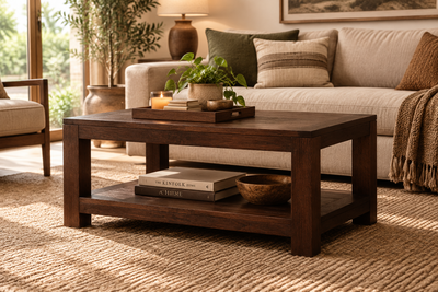 wooden coffee table with bottom shelf