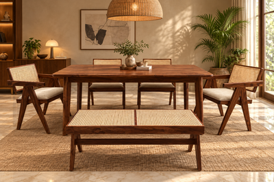 Sheesham Wood Dining Table Set with Rattan Cane Chairs & Bench