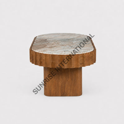 Fluted mango wood marble top coffee table in Honey T/B Stain side view