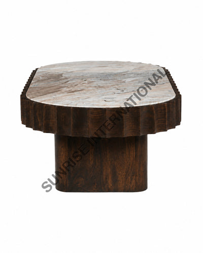 Fluted mango wood coffee table with marble top side view in Medium Walnut Stain