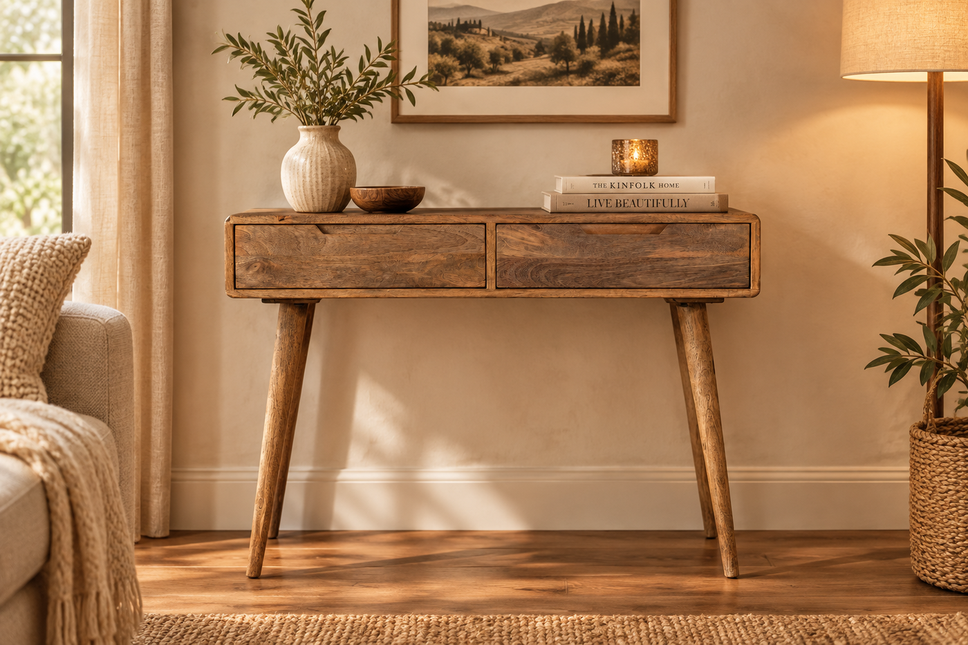 Wooden Console Table with 2 Drawers – Retro Style