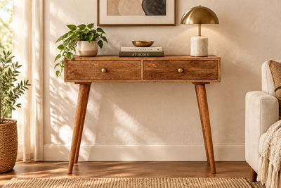 wooden console table in living room
