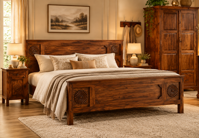Handmade Wooden Queen Size Double Bed with Carving !