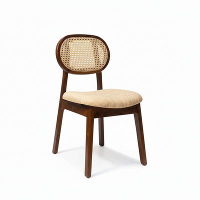 Mango wood dining chair with cane rattan back and cream seat cushion