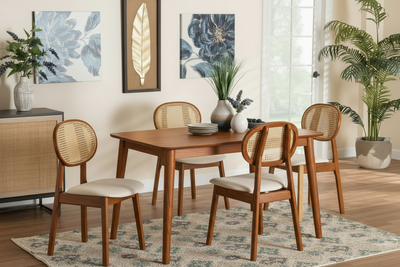 Mango wood 4 seater dining set with rattan cane chairs in warm brown finish