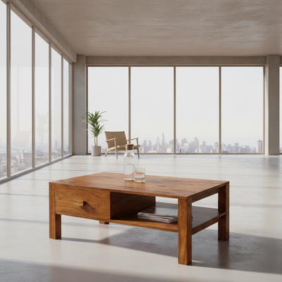 Mango wood center table with drawer and open shelf in living room