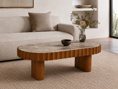 Mango wood marble top coffee table in Honey T/B Stain living room setting