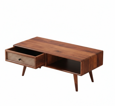 Mango wood coffee table with rattan cane storage drawer open