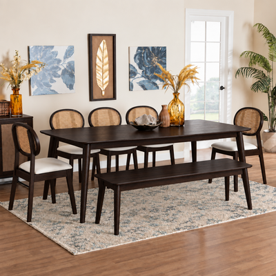 Mango wood dining set with wooden bench and rattan cane chairs in dark finish