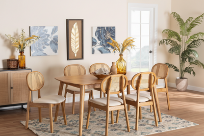 Mango wood 6 seater dining table set with rattan cane chairs in warm wood finish