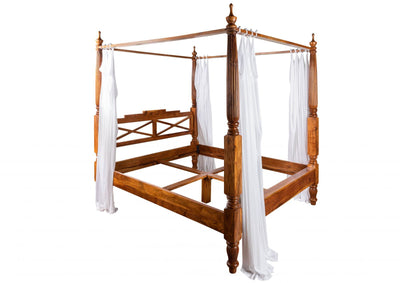 Mango wood four poster bed frame with carved posts and wooden headboard
