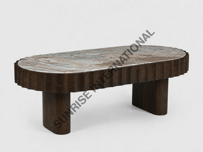Mango wood coffee table with marble top in Medium Walnut Stain