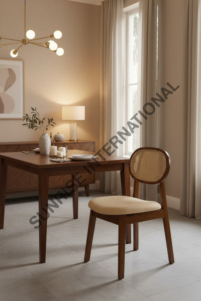 Mango wood rattan dining chair with cushioned seat beside dining table