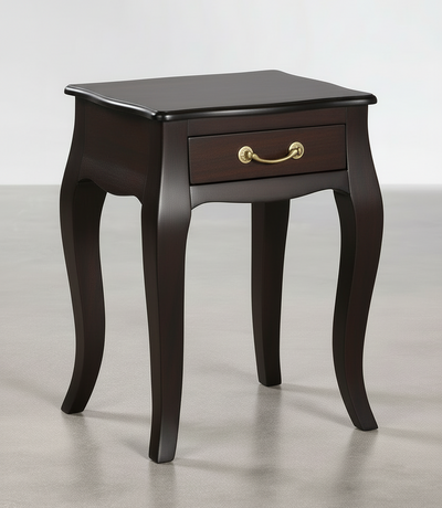 Mango wood side table with drawer in dark wood finish
