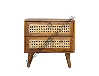Front view of Mid-Century Sheesham wood bedside table with rattan cane drawers