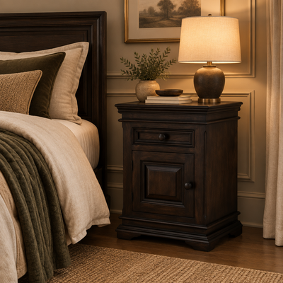 wooden bedside table in bedroom