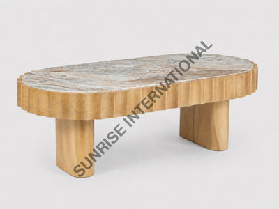 Natural mango wood coffee table with marble top angled view