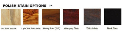 Six wood finish and stain options for wooden furniture, ranging from natural and light teak to mahogany, walnut, and black.