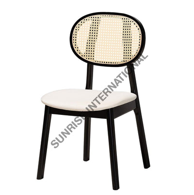 Rattan cane dining chair with off-white upholstered seat