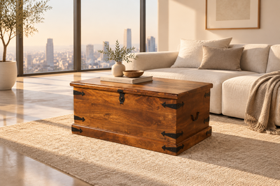 Rectangular Mango wood coffee table with storage chest and metal hardware