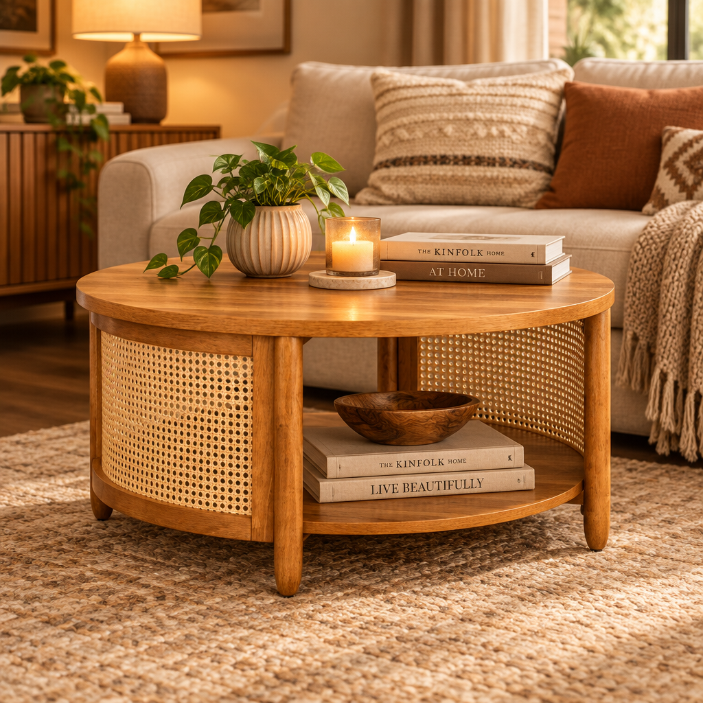 Round Wooden Coffee Table & Center Table with Rattan Cane Shelf