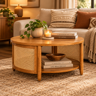 wooden coffee table in living room
