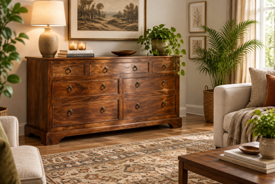 Angled view of Sheesham wood chest of drawers cabinet
