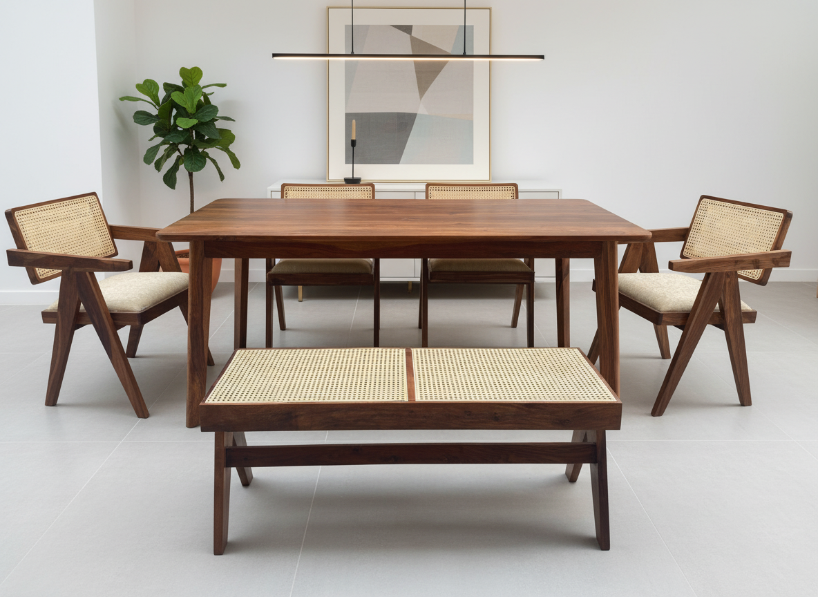 Sheesham Wood Dining Table Set with Rattan Cane Chairs & Bench