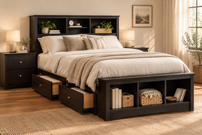 Sheesham wood king size bed with pull-out drawers and shelved headboard