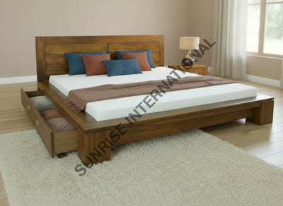 Sheesham wood queen size storage bed with pull-out side drawer open