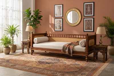 Sheesham wood rattan cane diwan daybed with off-white mattress in a living room