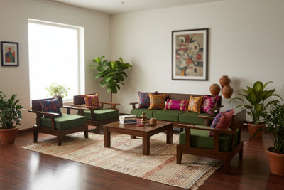 Contemporary Sheesham wood sofa set with center table and green cushions