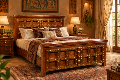 wooden ethnic king size bed in sheesham wood