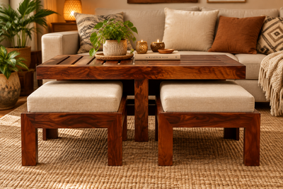 wooden coffee table with 2 stools in living room