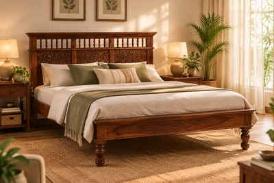 solid sheesham wood bed with carving