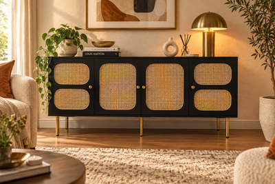 solid wood sideboard cabinet with rattan cane