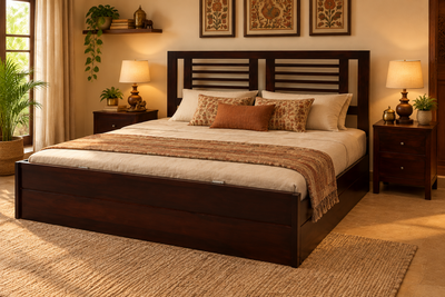 wooden king size storage bed in sheesham wood