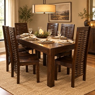 Stylish Wooden Lattice Dining Table with Six Chair Set
