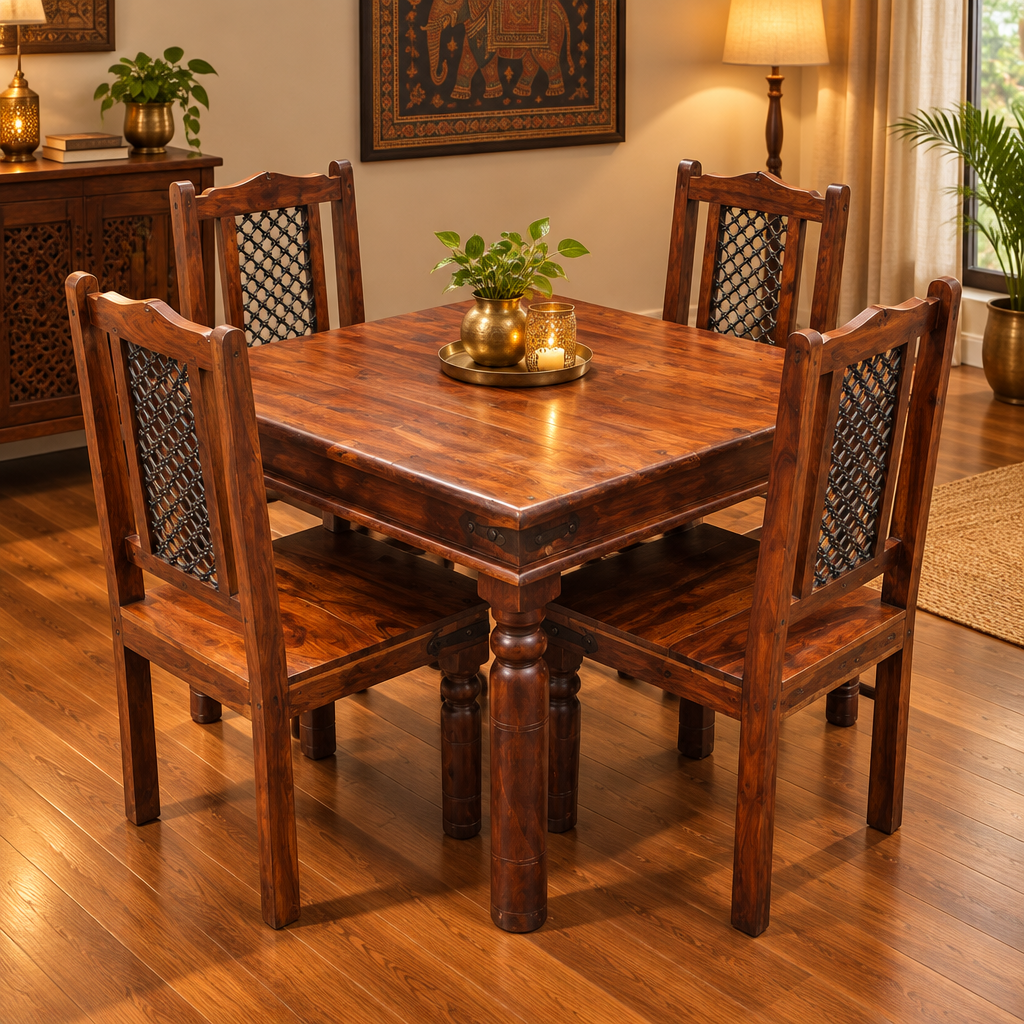 Sunrise Indian Jali Furniture - Wooden Dining Set ( 1 Square table ,4 chairs  )