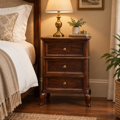 Victorian Sheesham wood bedside table with three drawers and metal knobs