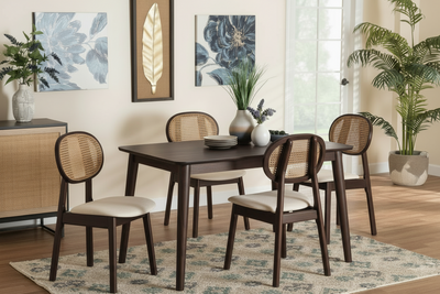 Wooden 4 seater dining table set with rattan cane chairs in dark brown finish