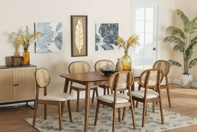 Wooden 6 seater dining set with rattan cane chairs in brown finish
